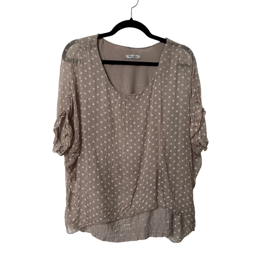 Elena Baldi Taupe Polka Dot Silk Blend Layered Blouse Sequin Hem Made in Italy S
